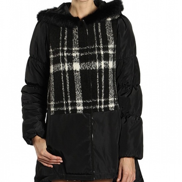 PLAID PRINT ACCENT PUFFER JACKET W/FAUX FUR TRIM